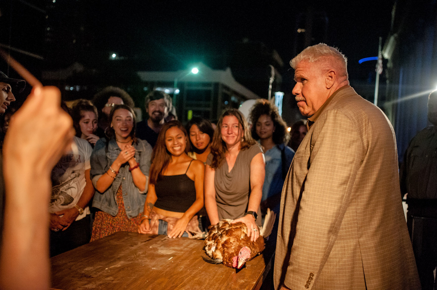 Ron Perlman with a crowd....and a chicken